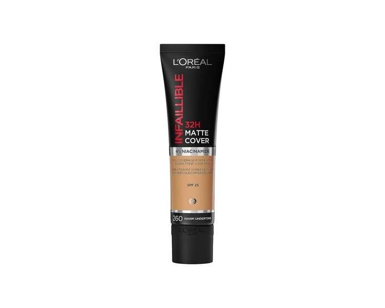L'Oreal Paris Cover Liquid Foundation with 4% Niacinamide Long Lasting Natural Finish SPF 25 Infallible 32H Matte Cover Shade 260 30ml