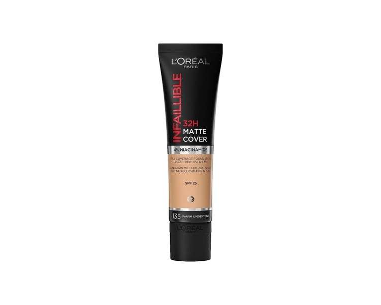 L'Oreal Paris Cover Liquid Foundation with 4% Niacinamide Long Lasting Natural Finish SPF 25 Infallible 32H Matte Cover Shade 135 30ml