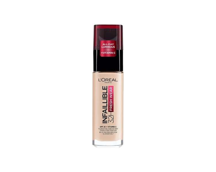 L'Oréal Paris Infallible 32H Fresh Wear Foundation Full Coverage Longwear Weightless Smooth Finish Waterproof Transfer-proof with Vitamin C SPF 25 15 Porcelain 30ml