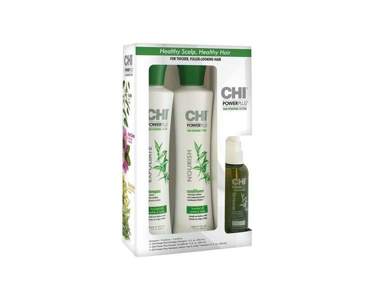 Deep cleansing shampoo 355ml, moisturizing conditioner 355ml, leave-in care 104ml