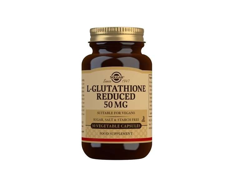 Solgar L-Glutathione Reduced 50mg Vegetable Capsules Detoxification of the Liver Glutamic Acid Cysteine and Glycine Vegan Gluten Free and Kosher