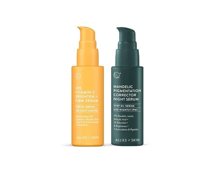 Allies of Skin Brightening Serum Bundle Mandelic Pigmentation Corrector Night Serum 1 Oz 20% Vitamin C Brighten + Firm Serum 1 Oz