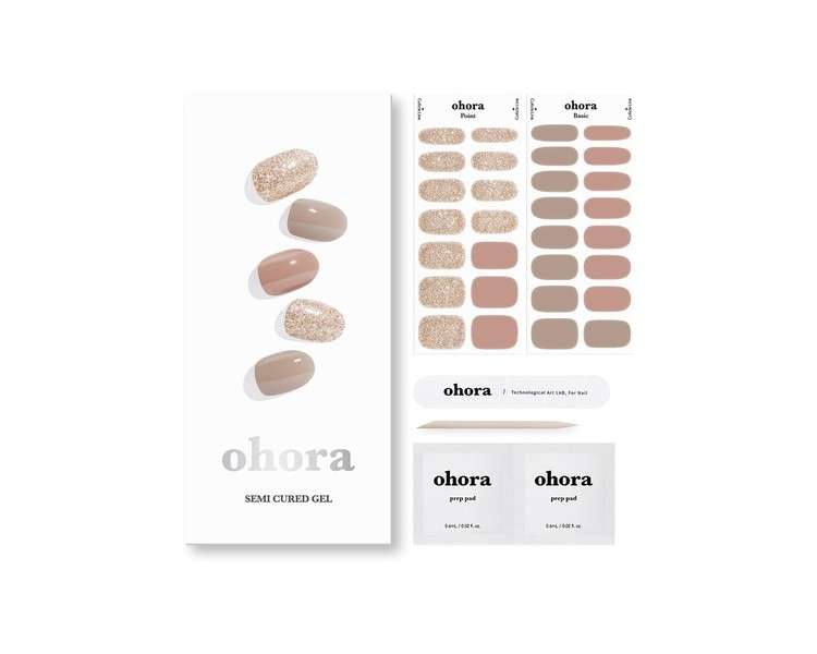 ohora Semi Cured Gel Nail Strips N Carmel - Works with Any Nail Lamps Salon-Quality Long Lasting Easy to Apply & Remove - Includes 2 Prep Pads Nail File & Wooden Stick