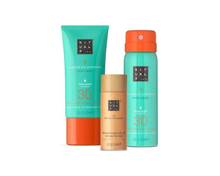 RITUALS The Ritual of Karma Summer Trio Sun Lotion SPF30 Face Sun Cream SPF30 and Illuminating Body Oil Sun Protective Skincare Gift Set Made with White Tea and Lotus Flower