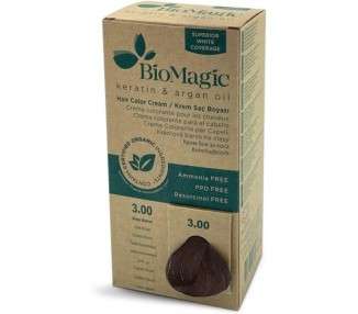 BioMagic Permanent Hair Color Keratin & Argan Oil Line Ammonia Free Hair Dye with Certified Organic Ingredients 3.00 Dark Brown