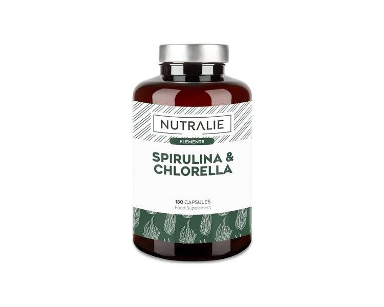 Spirulina & Chlorella 1800mg Detox Energy Strength Satiating Effect Superaliment Rich in Protein & Vitamins 180 Capsules 100% Vegan