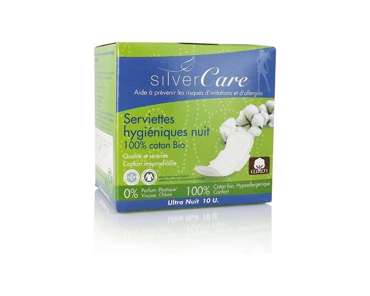 Silvercare Ultra-Thin Night-Time Sanitary Towels 100% Pure Organic Cotton 10 Count