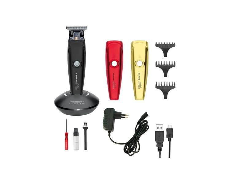 GAMMAPIU' Absolute Hitter Trimmer Professional Men's Haircut Machine with Interchangeable Cover Rechargeable Electric Beard Trimmer with Charging Station Cable and USB - Black Red Gold