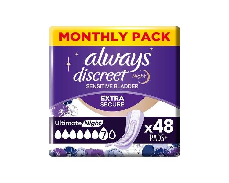 Always Discreet Incontinence Pads Plus Women Ultimate Night 48 High Absorbency Pads Odor Neutralizer