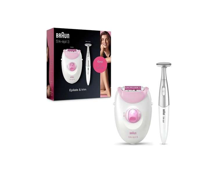 Braun Silk-épil 3 Epilator for Women with Massage Attachment and Bikini Trimmer Pink/White