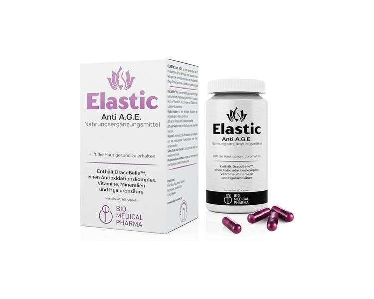 Elastic Anti A.G.E. Hyaluronic Acid Dracobelle Nu Vitamin C B3 B5 Zinc Selenium Moisturizing and Skin Elasticity Improvement 60 Vegan Capsules