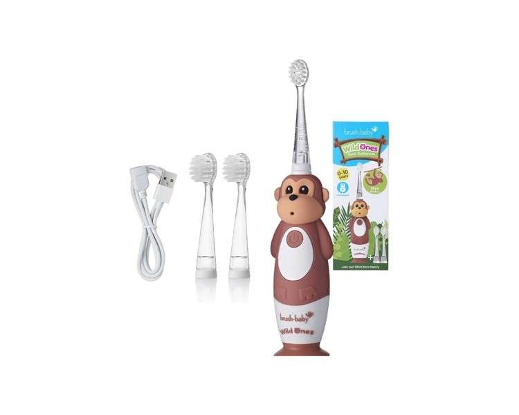 Brush-Baby WildOnes Kids Electric Rechargeable Toothbrush 1 Handle Brush Head USB Charging Cable for Ages 0-10 Monkey