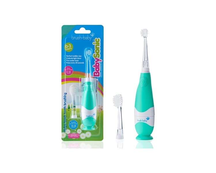 Brush-Baby BabySonic Kids Toddler Electric Toothbrush Stage 2 First Teeth LED Light Soft Vibrations 2-min Timer Sucker Base Teal 2 Brush Heads 1 AAA Battery