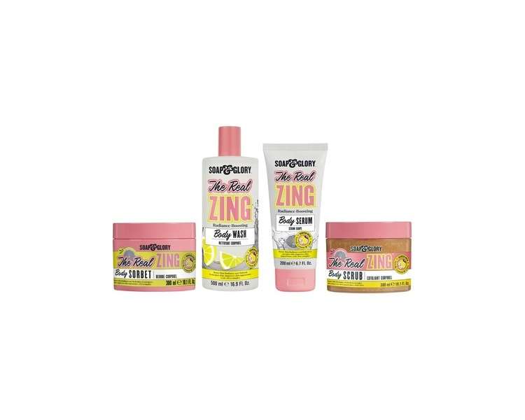 Soap & Glory Real Zing Everything Radiance Boosting Body Wash 500ml Body Serum 200ml Body Scrub 300ml and Body Sorbet 300ml Citrus Body Moisturizer & Hydrating Sorbet-y Skin Cream