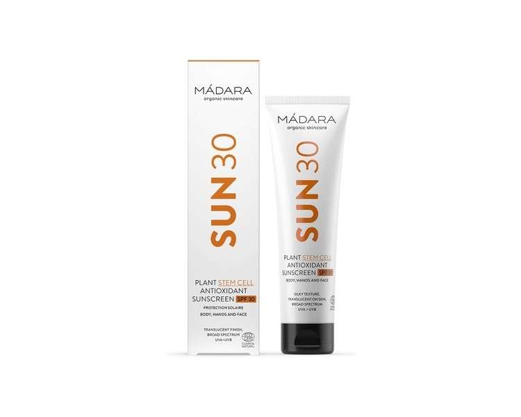 MÁDARA Plant Stem Cell Antioxidant Sunscreen SPF 30 Organic Skincare Translucent Finish Broad Spectrum UVA/UVB Protection Prevents Aging 100ml