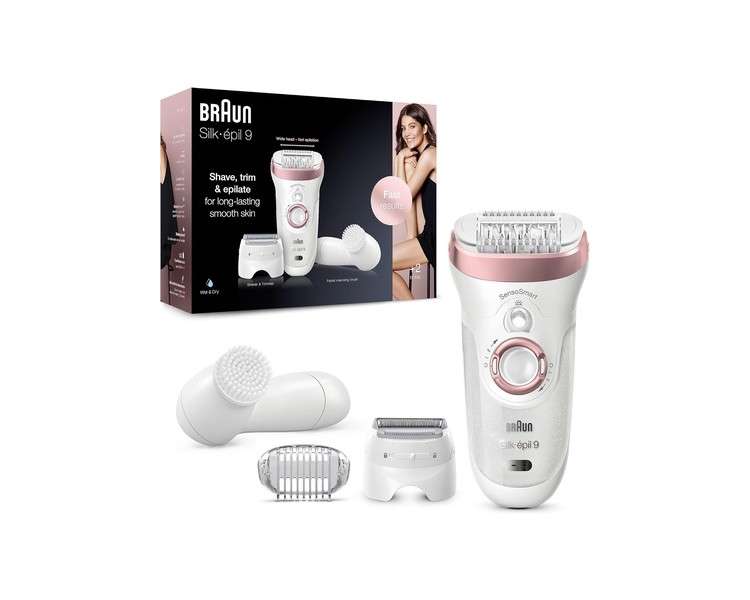 Braun Silk-épil 9 Epilator for Women Long-Lasting Hair Removal with Face Cleansing Brush, Shaver and Trimmer Attachments White/Rose Gold