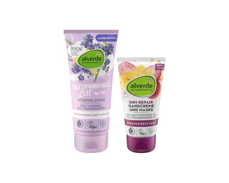 Alverde NATURKOSMETIK Relaxing Body Lotion with Lavender 200ml + 2in1 REPAIR Hand Cream & Hand Mask with Evening Primrose Oil 75ml