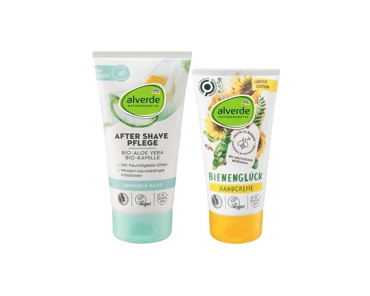 Alverde Naturkosmetik Skin Care Set: Aloe Vera & Chamomile After Shave Lotion 150ml + Bee Luck Moisturizing Olive Oil Hand Cream 75ml