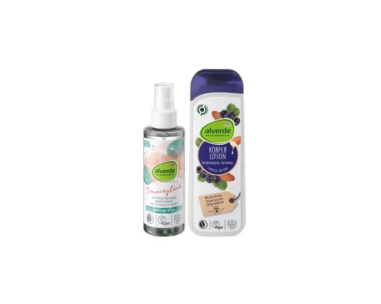 alverde NATURKOSMETIK Body Care Set: Summer Bliss Peach Scented Body Spray 150ml + Aronia Almond Body Lotion with Shea Butter 250ml