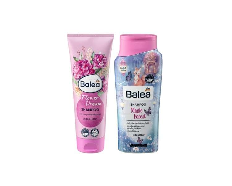 Balea Hair Care Set: FLOWER DREAM Shampoo for Healthy Shiny Hair with Provitamin B5 250ml + MAGIC FOREST Shampoo without Silicones for Smooth Hair 300ml