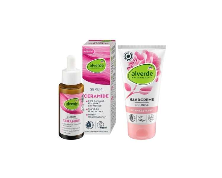 Alverde Naturkosmetik Skin Care Set: Ceramide Melisse Serum for Smooth Skin + Bio Rose Hand Cream with Almond Oil & Rose Extract - 105ml
