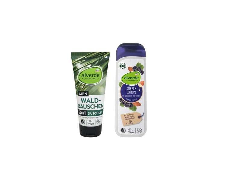 Alverde Naturkosmetik Body Care Set: Forest Whisper 3in1 Shower Gel for Body, Face, and Hair 200ml + Aronia Almond Shea Butter Body Lotion 250ml