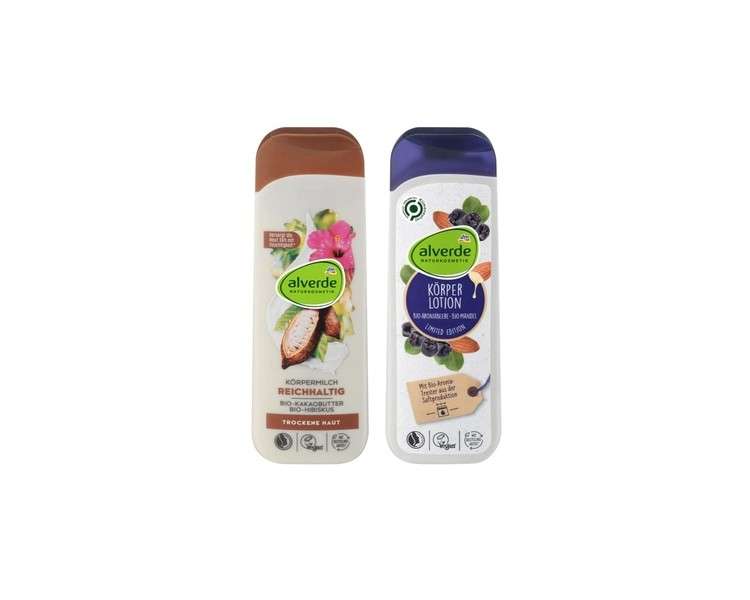 Alverde Naturkosmetik Body Care Set: Cocoa Butter Hibiscus Body Milk for Dry Skin 250ml, Aronia Berry Almond Body Lotion 250ml