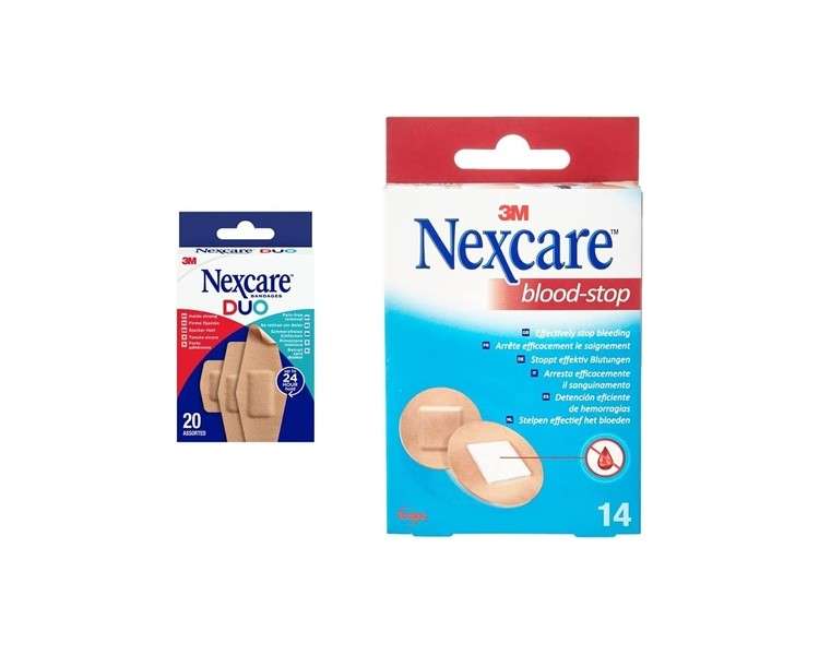 Nexcare Duo Plasters Assorted 20 Pack - Painless Removal, Breathable, Water Resistant and Flexible Fabric & Blood-Stop Spots 22mm 14 Pack