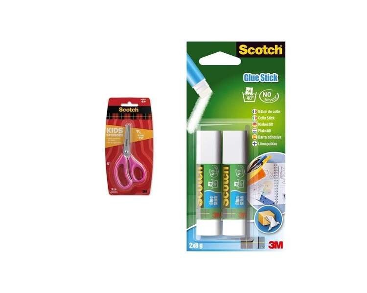 Scotch 1441B 12cm Kids Scissors Blunt Tip Blue/Magenta & 6221SF5 Solvent-Free Glue Sticks 2 x 8g