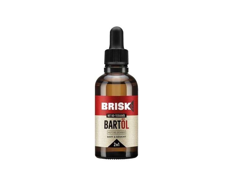 BRISK 2in1 Beard Oil for Men 50ml with Organic Tea Tree Oil - Fast Absorbing - Nourishes Skin and Softens Beard Hair - Non-Greasy - for Shaving and Facial Care