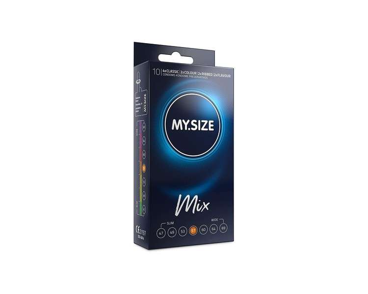 MY.SIZE Mix Condoms Flavoured, Coloured, Ribbed & Classic 57mm Size 4 - Pack of 10