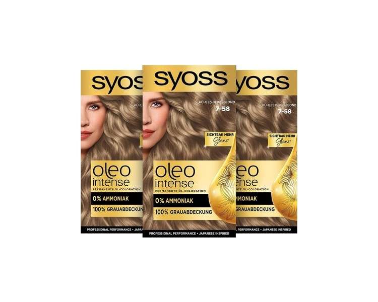 Syoss Oleo Intense Oil Colouration 7-58 Cool Beige Blonde Level Permanent Hair Colour with Nourishing Oil 115ml