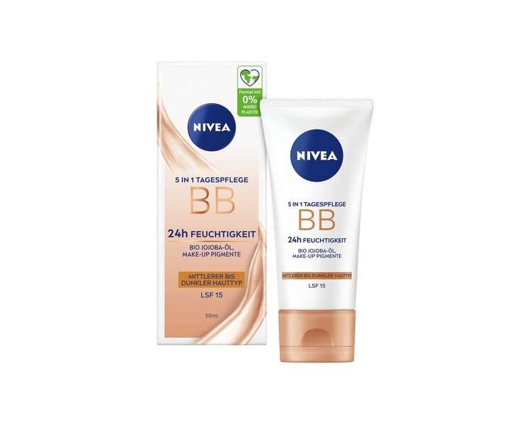 NIVEA 5 IN 1 Day Care BB 24h Moisture SPF 15 Tinted Cream for Medium to Dark Skin Types with Organic Jojoba Oil and Makeup Pigments