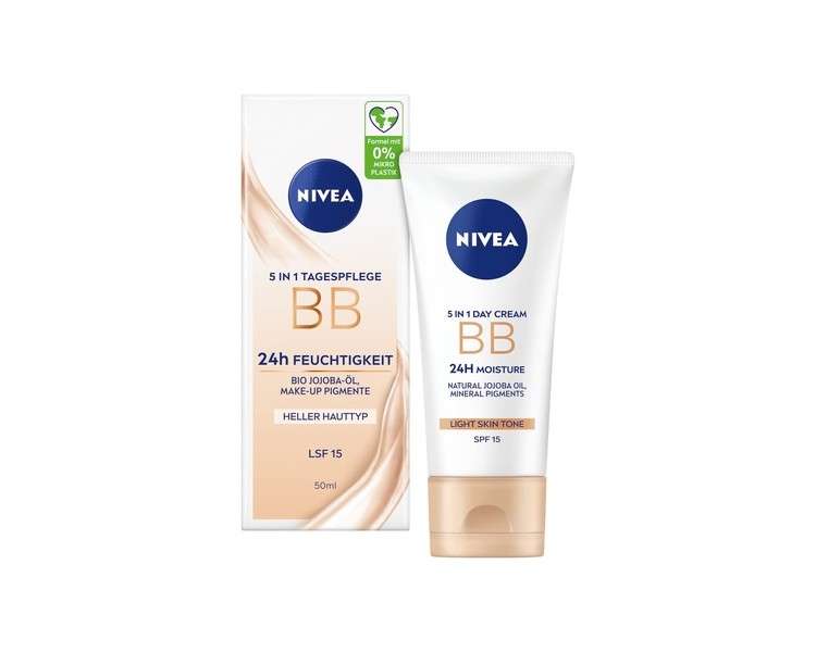 NIVEA 5 IN 1 Day Care BB 24h Moisture SPF 15 Tinted Cream for Light Skin Types with Organic Jojoba Oil and Makeup Pigments