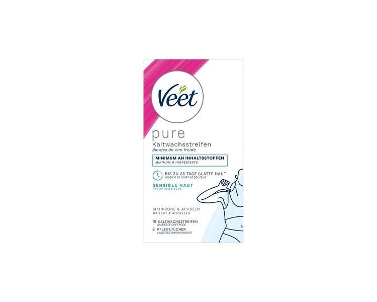 Veet Pure Cold Wax Strips for Bikini Zone & Armpits - Hair Removal for Sensitive Skin - Up to 28 Days Smooth Skin - 16 Cold Wax Strips