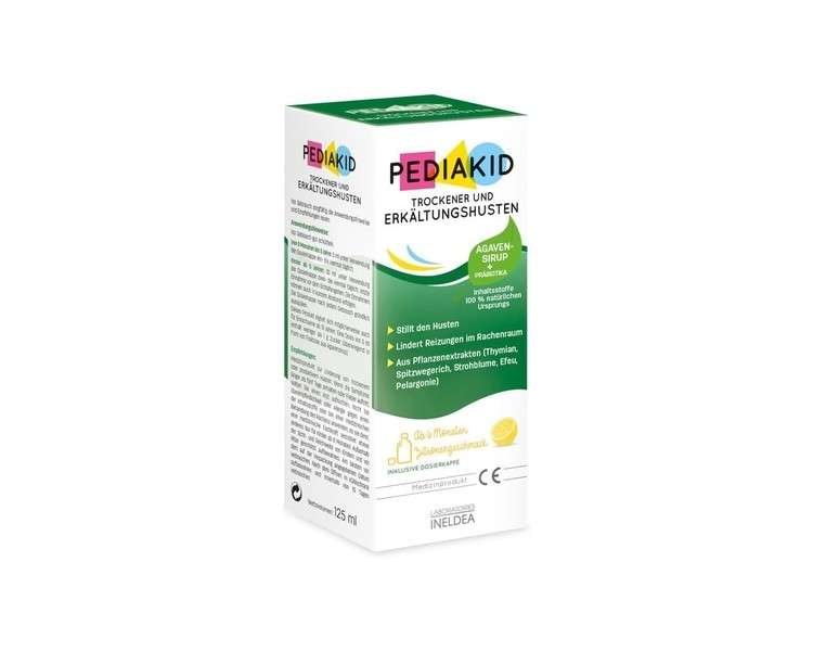 PEDIAKID Dry & Cold Cough Exclusive Formula with Agave Syrup Soothes Cough Relieves Throat Irritation Natural Lemon Flavor Medical Device 125ml