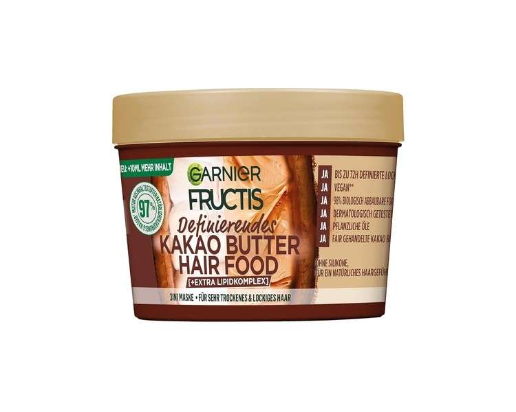 Garnier Cocoa Butter 3in1 Hair Mask for Dry and Curly Hair Leave In for Intensive Care and Definition Vegan Formula with Natural Ingredients Fructis Hair Food 400ml