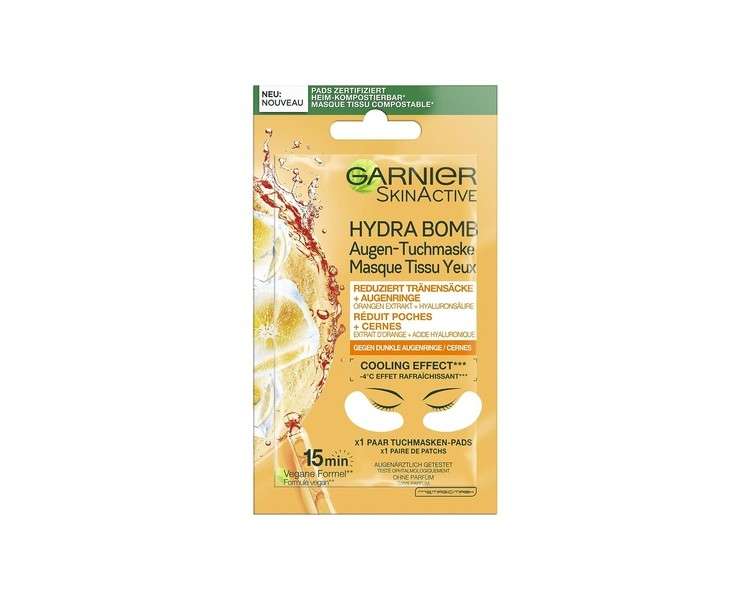 Garnier Eye Cloth Mask Moisturising Against Dark Circles Reduce Bags Vegan Formula with Orange Extract and Hyaluronic Acid Hydra Bomb 6g Eye Mask