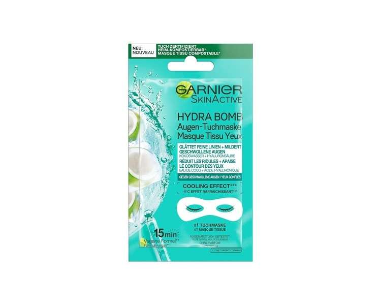 Garnier Eye Cloth Mask Moisturizing Against Swollen Eyes Smoothing Fine Lines Vegan Formula with Coconut Water and Hyaluronic Acid Hydra Bomb 6g