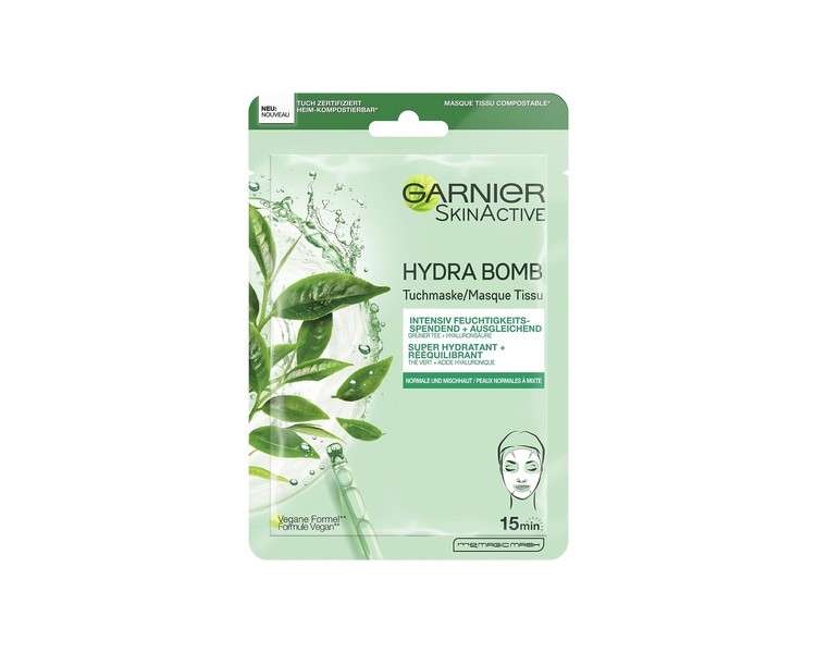 Garnier Cloth Mask for Normal and Combination Skin Balancing and Moisturising with Hyaluronic Acid and Green Tea Hydra Bomb 28g