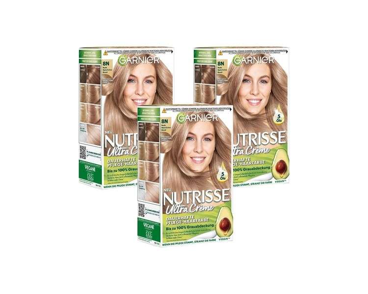 Garnier Creme Coloration Hair Colouring Permanent Hair Colour with 3 Nourishing Oils Nutrises Natural Blonde 8N Nude 1 Count
