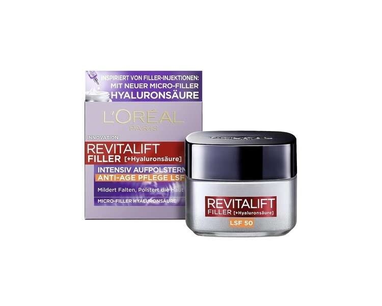 L'Oréal Paris Hyaluron Day Cream with SPF 50 Anti-Aging Facial Care with Micro-Filler Hyaluronic Acid for Moisture and Anti-Wrinkle Effect Revitalift Filler 50ml