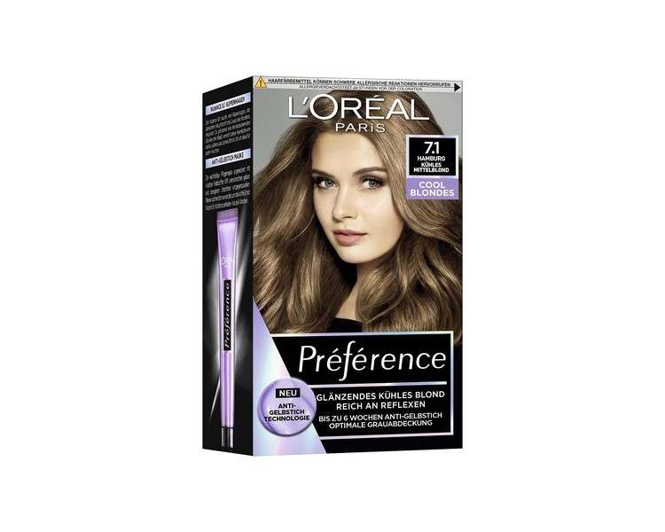 L'Oréal Paris Permanent Hair Colour with Cool Colour Result Preference Cool Blondes 7.1 Cool Medium Blonde 1 Count