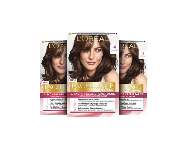 L'Oréal Paris Excellence Cream Permanent Hair Colour 4 Medium Brown 3 x 268g