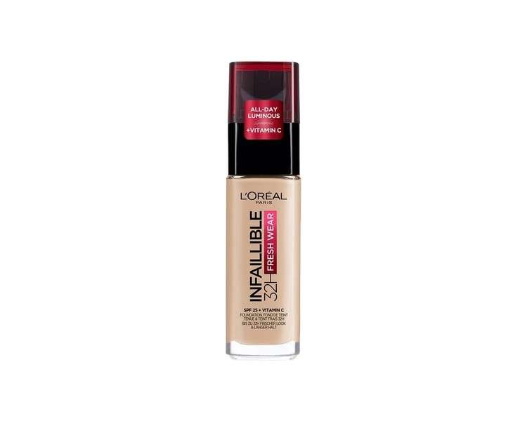 L'Oréal Paris Infallible 32H Fresh Wear Foundation Full Coverage Longwear Weightless Smooth Finish Water-proof Transfer-proof with Vitamin C SPF 25 30ml 130 Beige