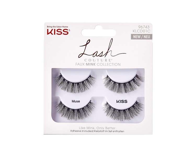 KISS Lash Couture Faux Mink Collection Double Pack of False Lashes Muse Ultrafine Tapered Synthetic Fake Lashes with Lash Glue Black 2 Pair