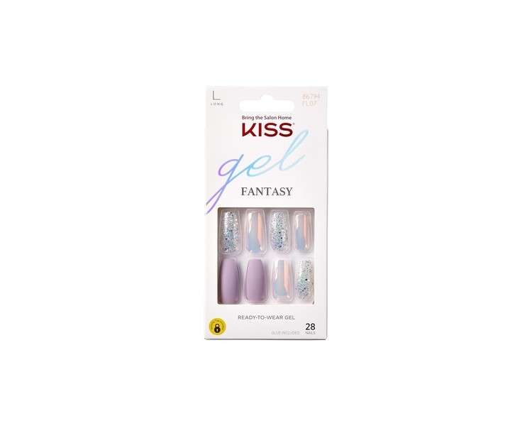 KISS Gel Fantasy Collection Fake Nails Manicure Set Rainbow Rings Long Length Coffin Shaped Purple Gel Nails with Mini Nail File Pink Gel Nail Glue and 28 Smudge-Proof Glue-On Nails