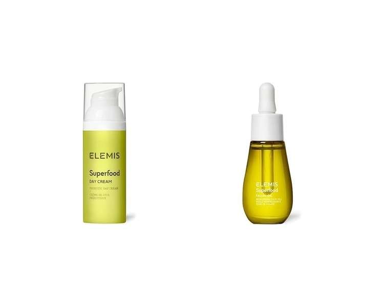 ELEMIS Superfood Day Cream Pre-Biotic Day Cream to Replenish Moisturize and Protect & Superfood Facial Oil Nourishing Face Oil Formulated with 9 Antioxidant-Rich Superfoods 15ml