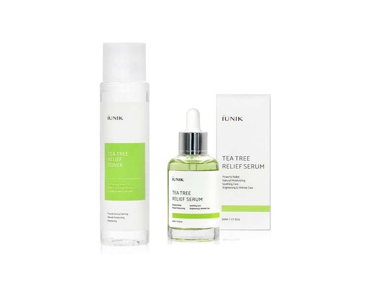 iUNIK Tea Tree Relief Face Toner and Natural Facial Serum Acne Treatment Set