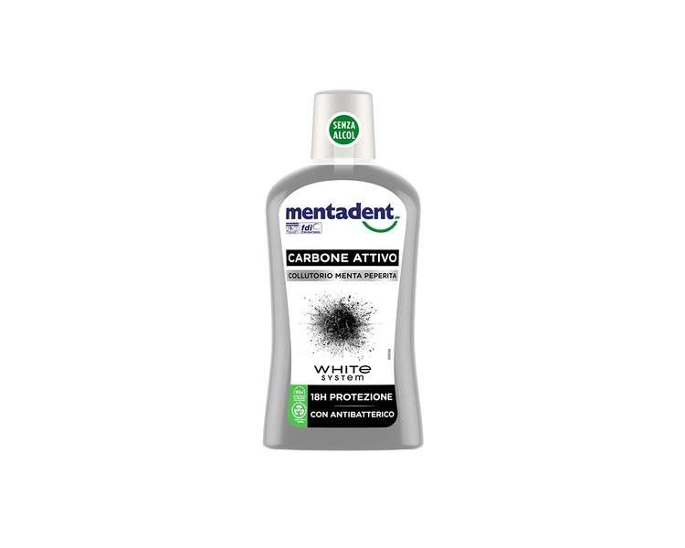 Mentadent White System Activated Charcoal Mouthwash with 18 Hour Antibacterial Protection and Delicate Peppermint Flavor 500ml